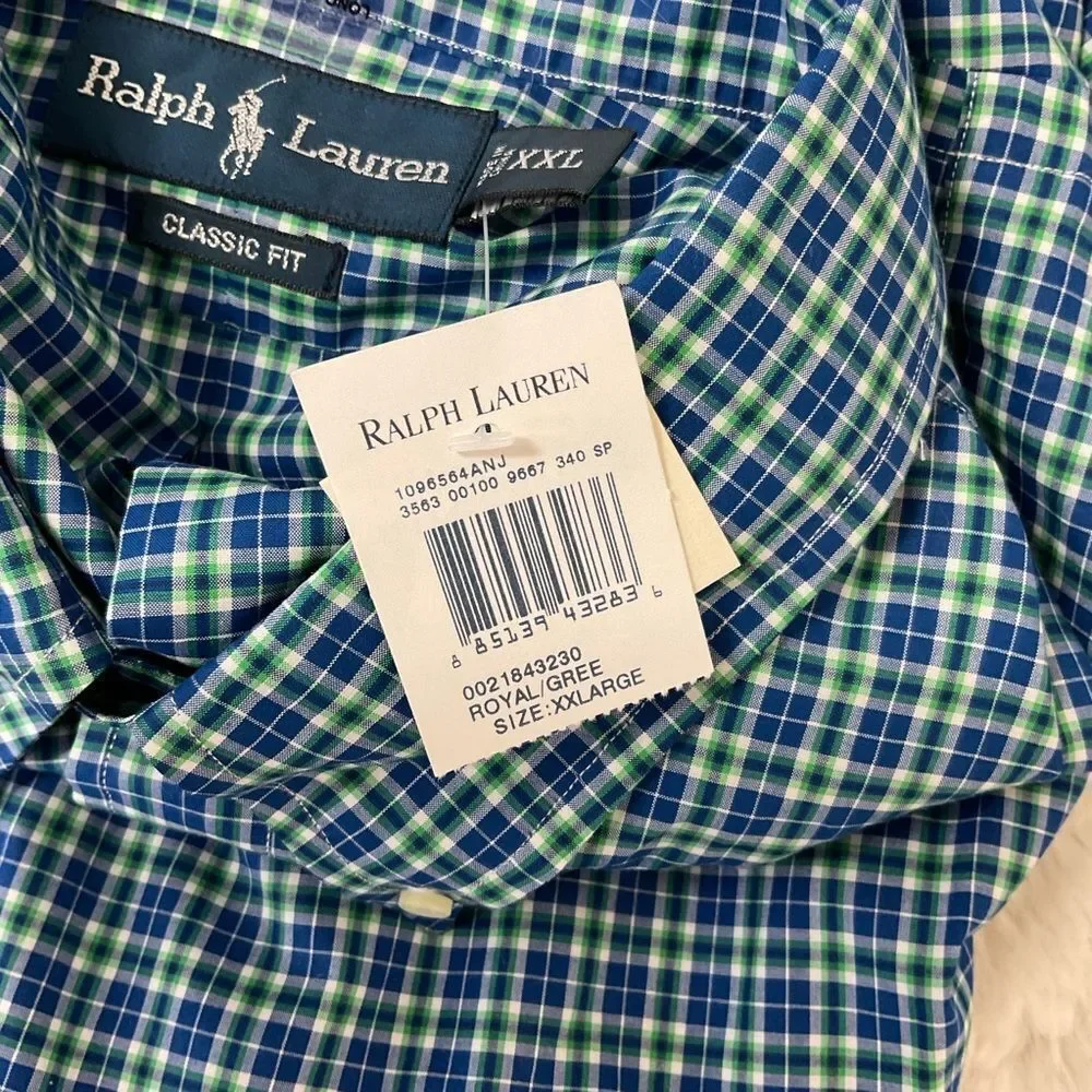 NEW Polo by Ralph Lauren Classic Fit Long Sleeve Blue Green Check Shirt XXL